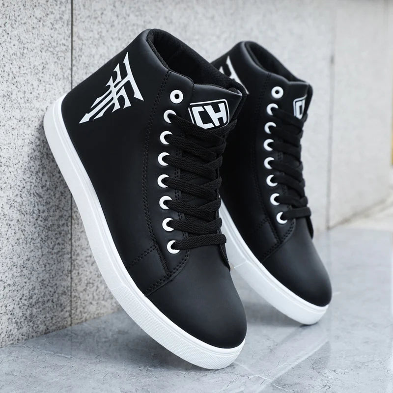 High Top Sneakers – Stylish casual skate shoes on a textured surface.