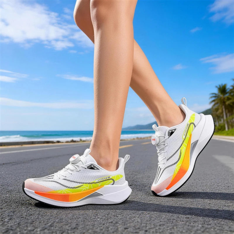  Lightweight Running Sneakers being worn by a person on a bridge, showcasing breathable and non-slip features.