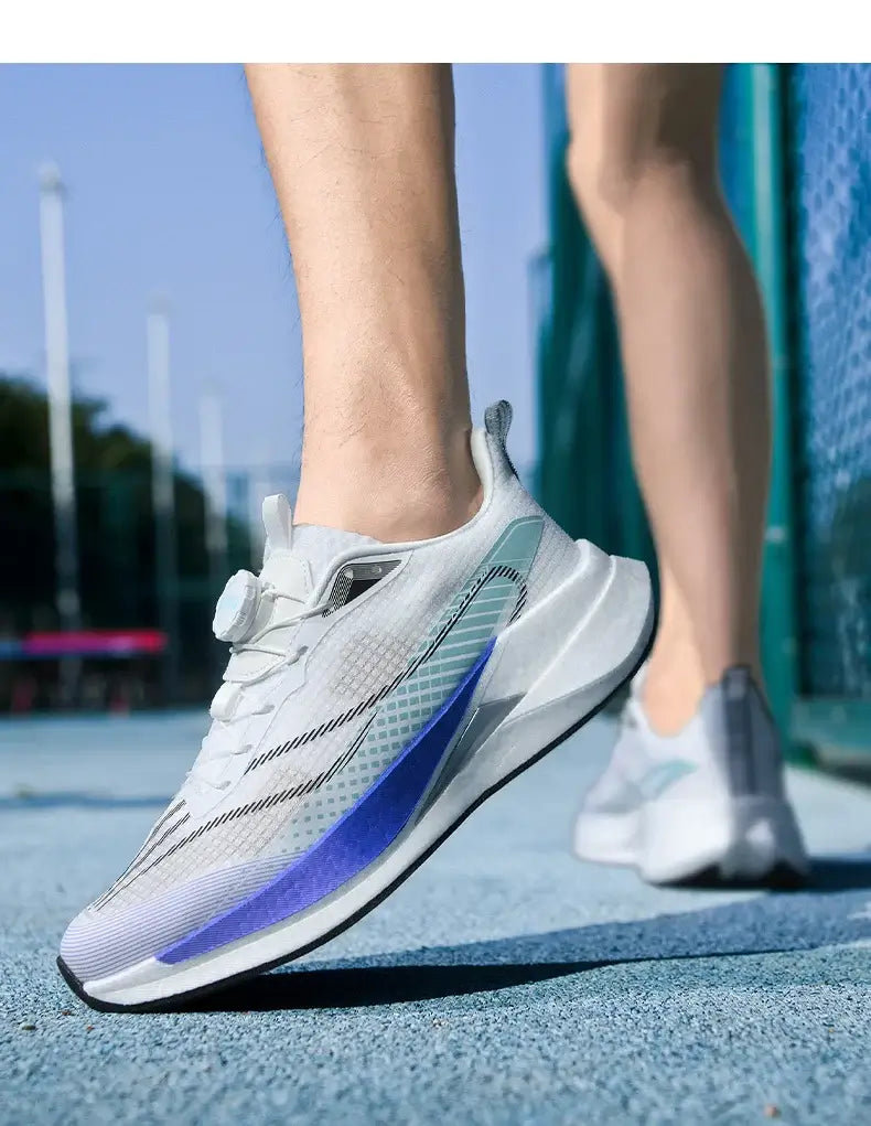  Lightweight Running Sneakers being worn by a person on a bridge, showcasing breathable and non-slip features.