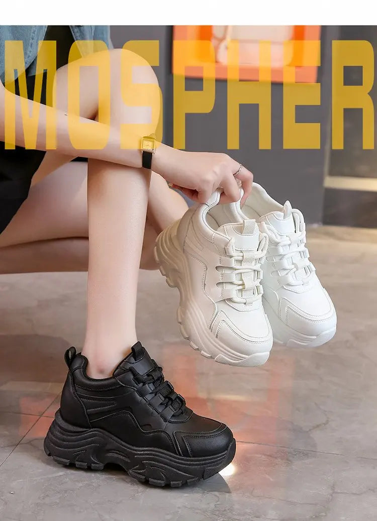 Women's High Top Platform Walking Sneakers in black, featuring chunky design and lightweight comfort for daily wear.