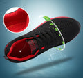 Men's Lightweight Running Sneakers in black being laced up, perfect for casual and sporty looks.