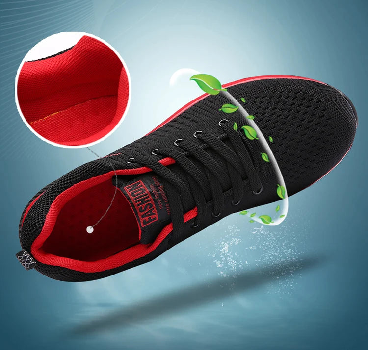 Men's Lightweight Running Sneakers in black being laced up, perfect for casual and sporty looks.