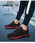 Men's Lightweight Running Sneakers in black being laced up, perfect for casual and sporty looks.