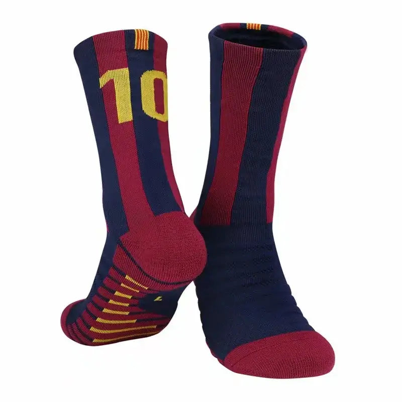 Men’s Anti Slip Soccer Socks in navy and maroon with player number 10 design for football and basketball.