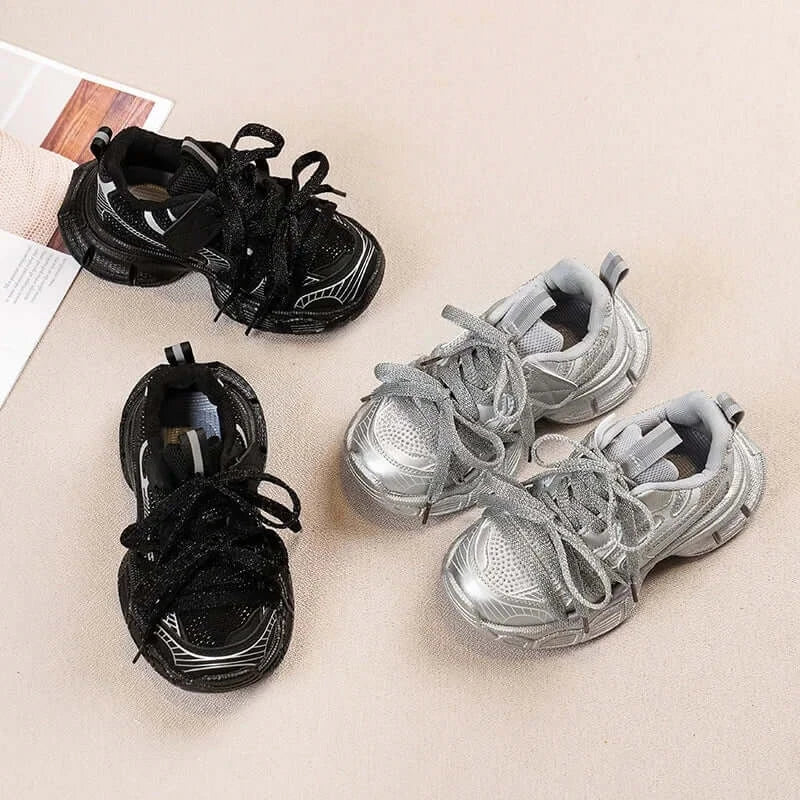 Girls Casual Sneakers in silver with lace-up design and soft comfortable bowtie style.