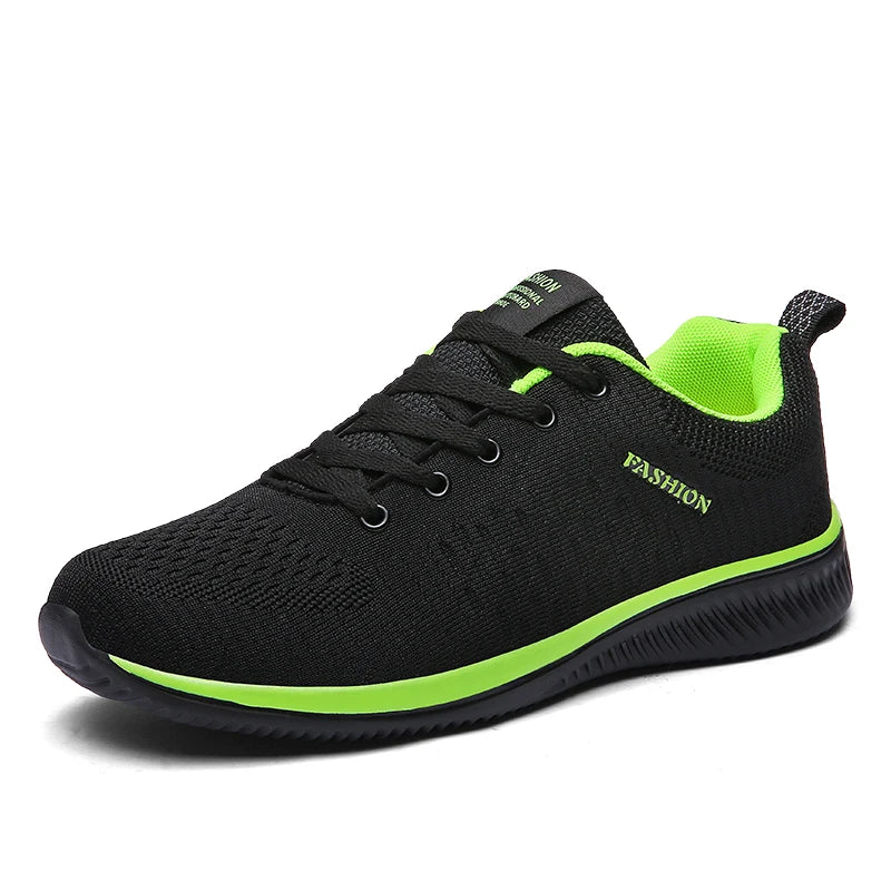 Men's Lightweight Running Sneakers in black being laced up, perfect for casual and sporty looks.