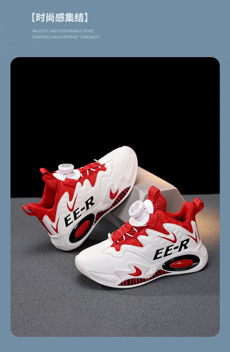  Kids High Top Basketball Sneakers in stylish red and white design, featuring ankle support for young athletes.