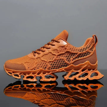 Men’s Breathable Running Sneakers in orange, featuring a lightweight design and unique sole for comfort and performance.