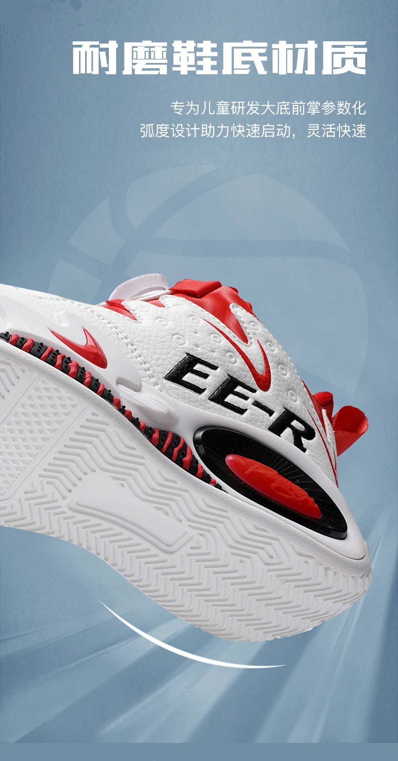  Kids High Top Basketball Sneakers in stylish red and white design, featuring ankle support for young athletes.