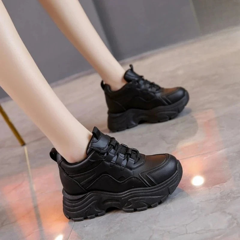 Women's High Top Platform Walking Sneakers in black, featuring chunky design and lightweight comfort for daily wear.
