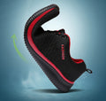 Men's Lightweight Running Sneakers in black being laced up, perfect for casual and sporty looks.