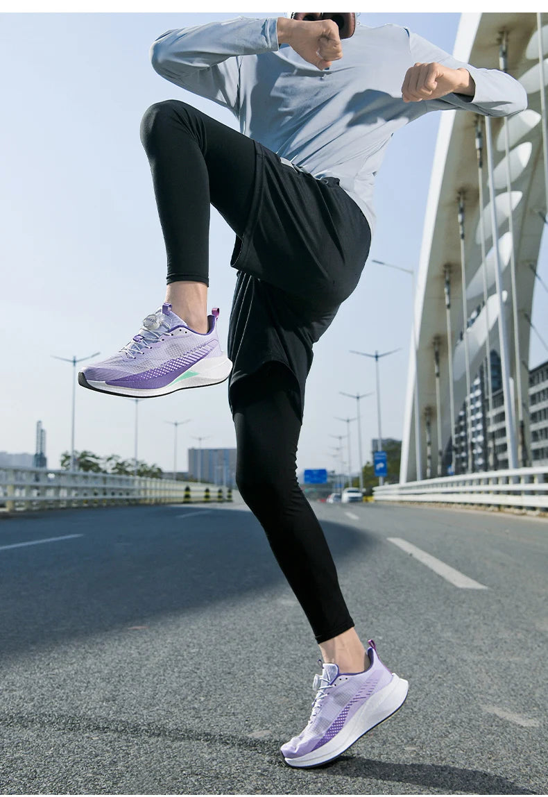  Lightweight Running Sneakers being worn by a person on a bridge, showcasing breathable and non-slip features.