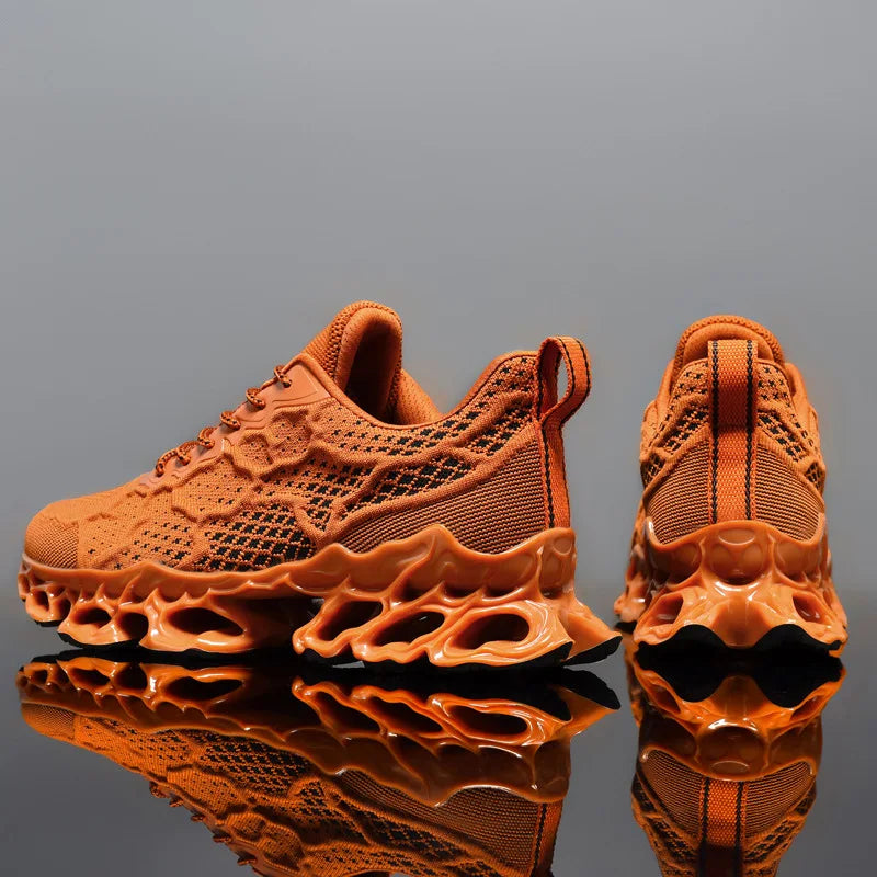 Men’s Breathable Running Sneakers in stylish orange color with lightweight mesh design and unique sole cushioning