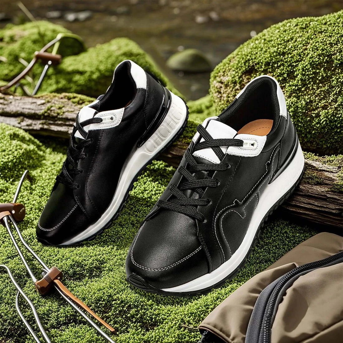 Women Orthopedic Sneakers – Comfortable Balance Shoes displayed on mossy ground with outdoor tools and rustic background.