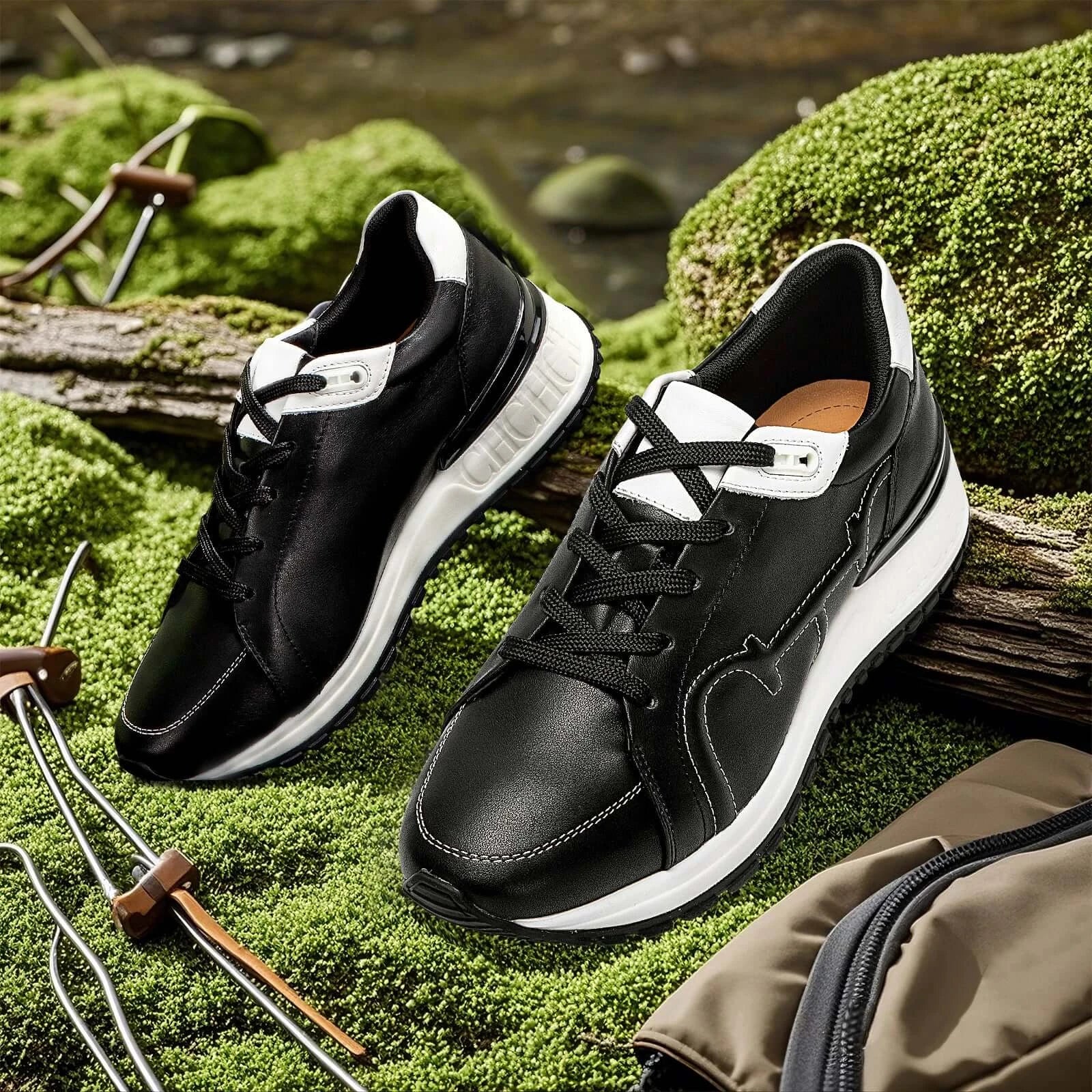 Women Orthopedic Sneakers – Comfortable Balance Shoes displayed on mossy ground with outdoor tools and rustic background.