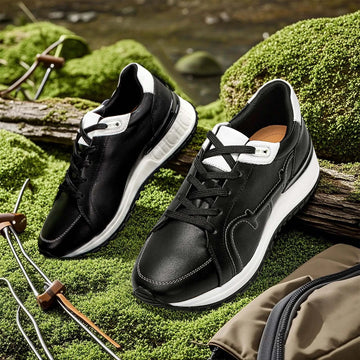 Women Orthopedic Sneakers – Comfortable Balance Shoes displayed on mossy ground with outdoor tools and rustic background.