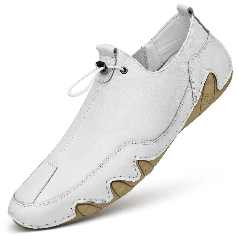 Men’s Casual Leather Sneakers – Comfortable Walking Shoes in a hand-held view showcasing black leather design