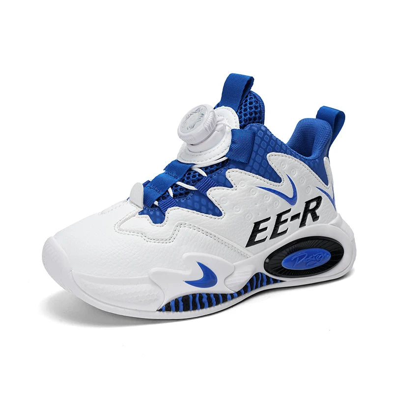  Kids High Top Basketball Sneakers in stylish red and white design, featuring ankle support for young athletes.