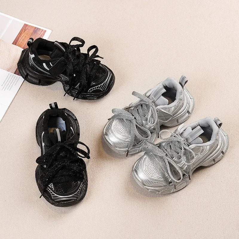 Girls Casual Sneakers in silver with lace-up design and soft comfortable bowtie style.