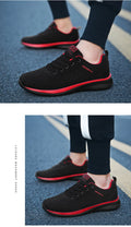 Men's Lightweight Running Sneakers in black being laced up, perfect for casual and sporty looks.