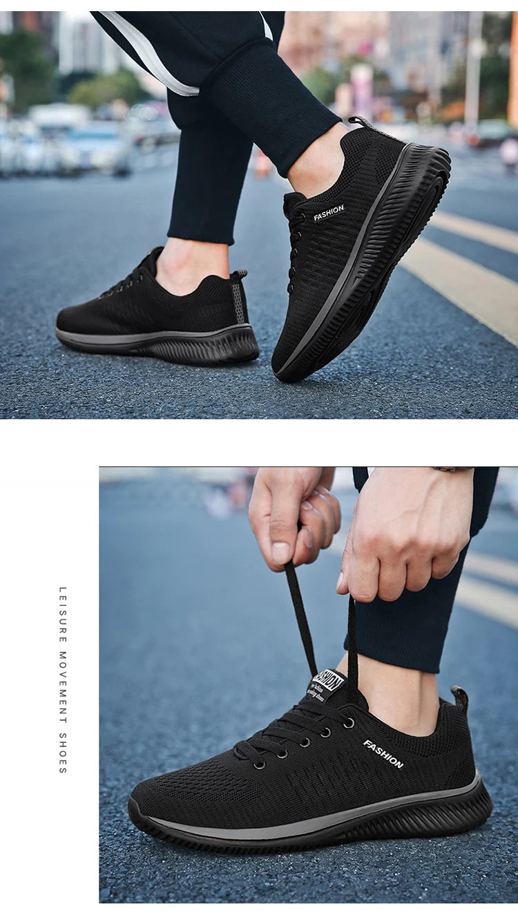 Men's Lightweight Running Sneakers in black being laced up, perfect for casual and sporty looks.