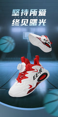  Kids High Top Basketball Sneakers in stylish red and white design, featuring ankle support for young athletes.