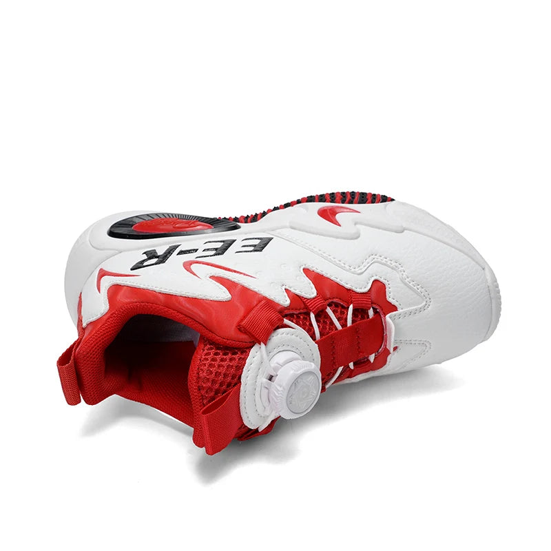  Kids High Top Basketball Sneakers in stylish red and white design, featuring ankle support for young athletes.
