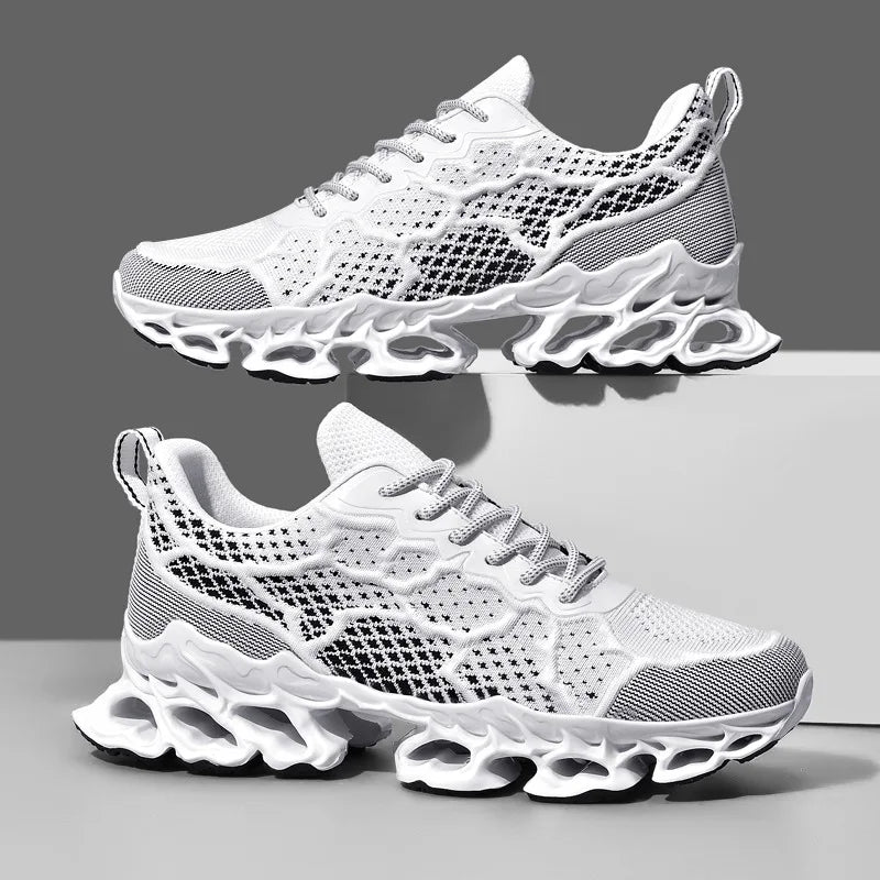 Men’s Breathable Running Sneakers in stylish orange color with lightweight mesh design and unique sole cushioning