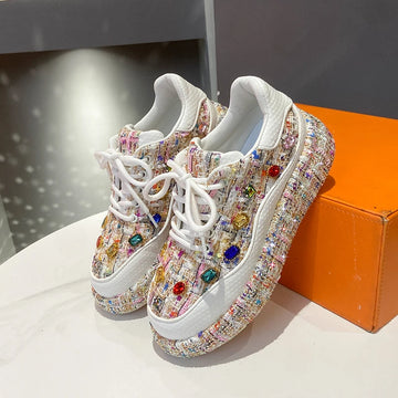 Luxury Skate Shoes Platform Mid-heel Casual Sneakers Lace-up All-match Beaded Women Tennis Rhinestone Fashionable Women Shoes