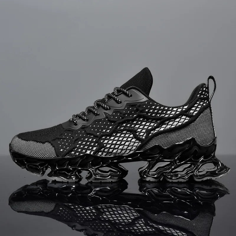 Men’s Breathable Running Sneakers in stylish orange color with lightweight mesh design and unique sole cushioning