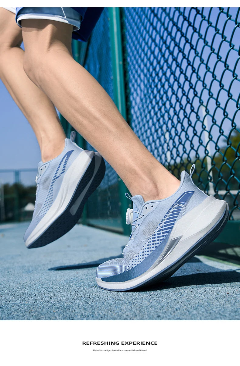  Lightweight Running Sneakers being worn by a person on a bridge, showcasing breathable and non-slip features.