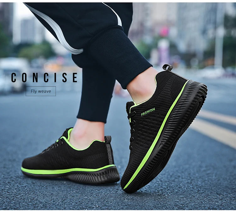 Men's Lightweight Running Sneakers in black being laced up, perfect for casual and sporty looks.