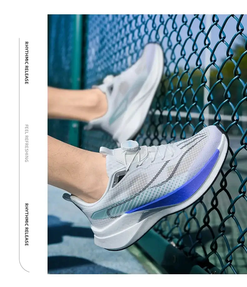  Lightweight Running Sneakers being worn by a person on a bridge, showcasing breathable and non-slip features.