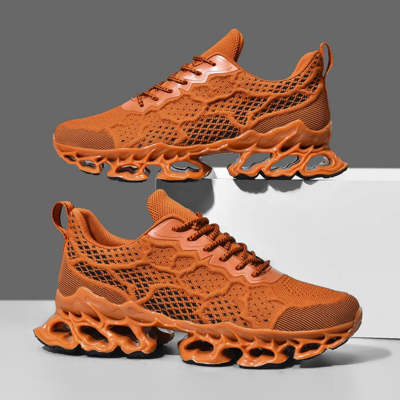 Men’s Breathable Running Sneakers in stylish orange color with lightweight mesh design and unique sole cushioning
