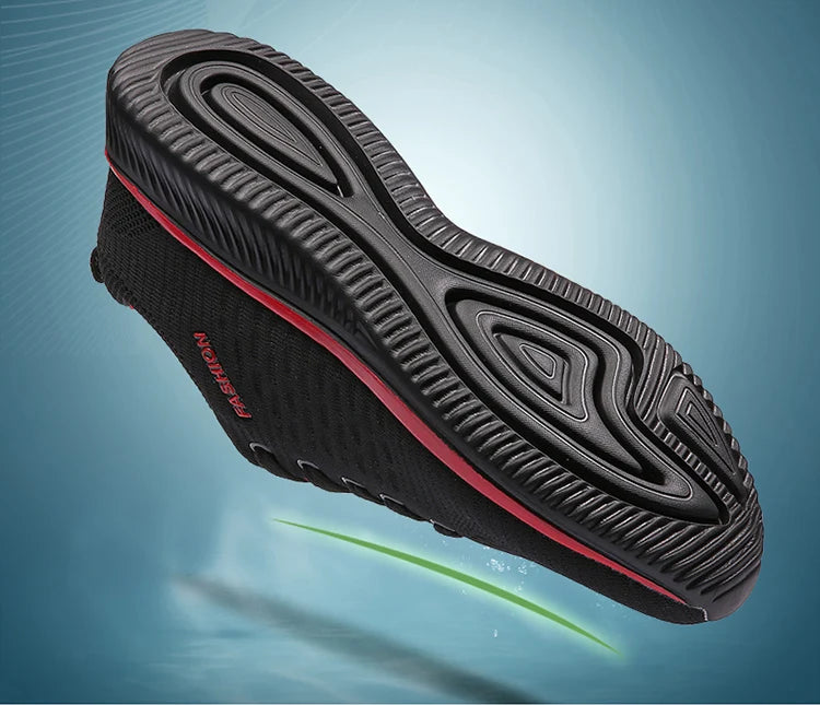 Men's Lightweight Running Sneakers in black being laced up, perfect for casual and sporty looks.