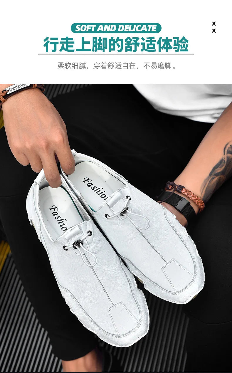 Men’s Casual Leather Sneakers – Comfortable Walking Shoes in a hand-held view showcasing black leather design