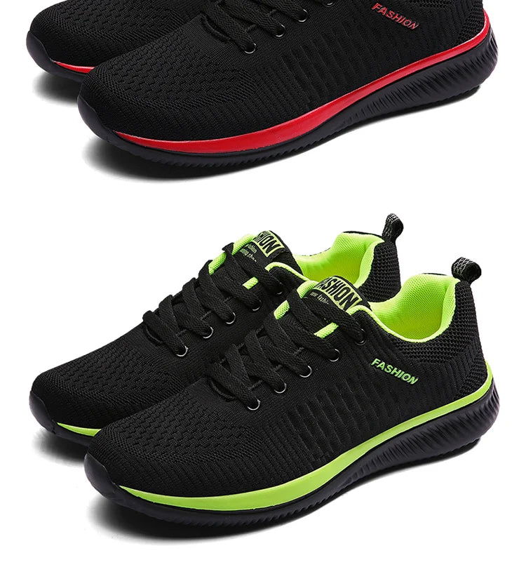 Men's Lightweight Running Sneakers in black being laced up, perfect for casual and sporty looks.