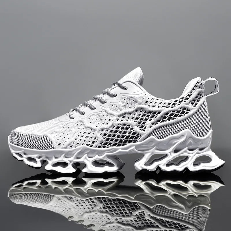 Men’s Breathable Running Sneakers in stylish orange color with lightweight mesh design and unique sole cushioning