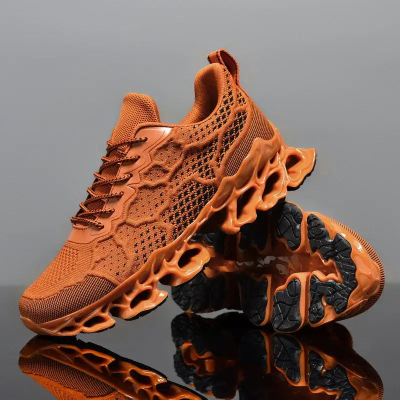 Men’s Breathable Running Sneakers in orange, featuring a lightweight design and unique sole for comfort and performance