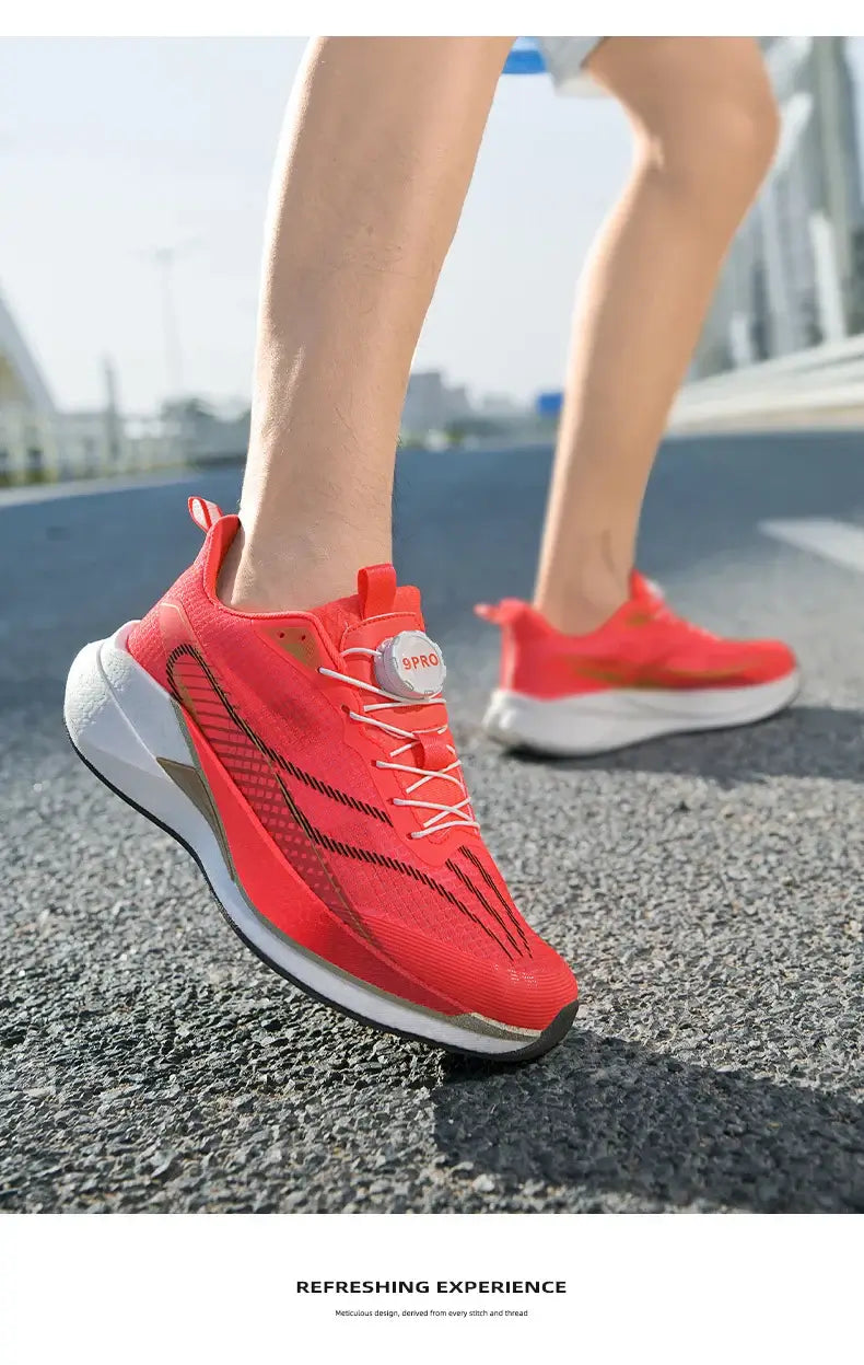  Lightweight Running Sneakers being worn by a person on a bridge, showcasing breathable and non-slip features. Lightweight Running Sneakers being worn by a person on a bridge, showcasing breathable and non-slip features.