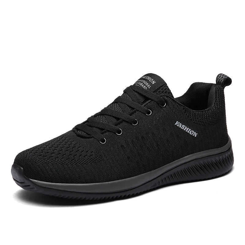 Men's Lightweight Running Sneakers in black being laced up, perfect for casual and sporty looks.
