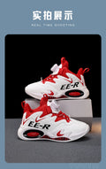  Kids High Top Basketball Sneakers in stylish red and white design, featuring ankle support for young athletes.