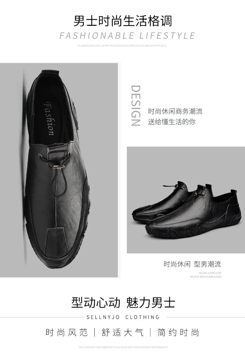 Men’s Casual Leather Sneakers – Comfortable Walking Shoes in a hand-held view showcasing black leather design