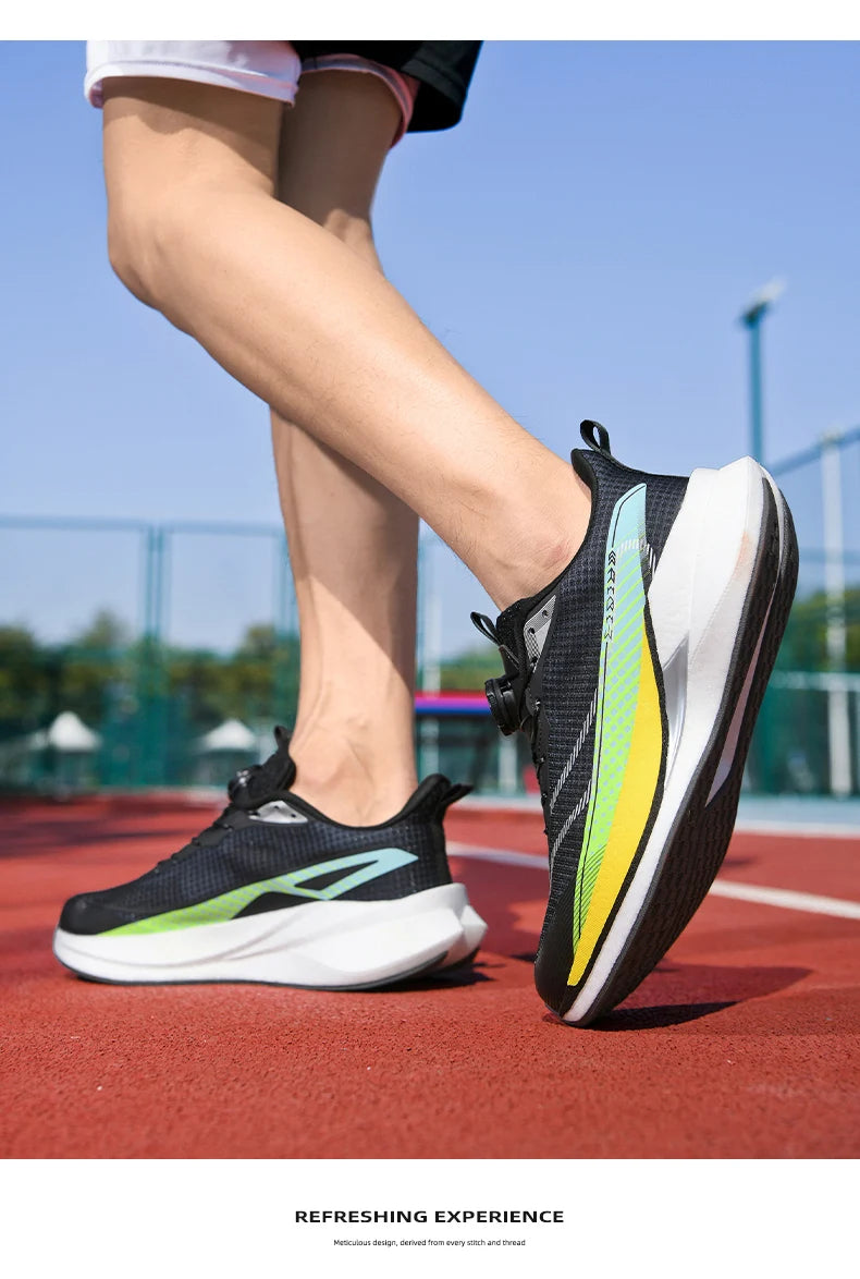  Lightweight Running Sneakers being worn by a person on a bridge, showcasing breathable and non-slip features.