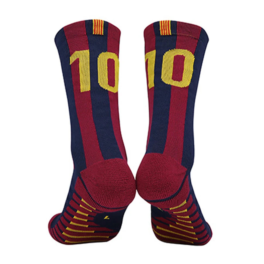 Men’s Anti Slip Soccer Socks in navy and maroon with player number 10 design for football and basketball
