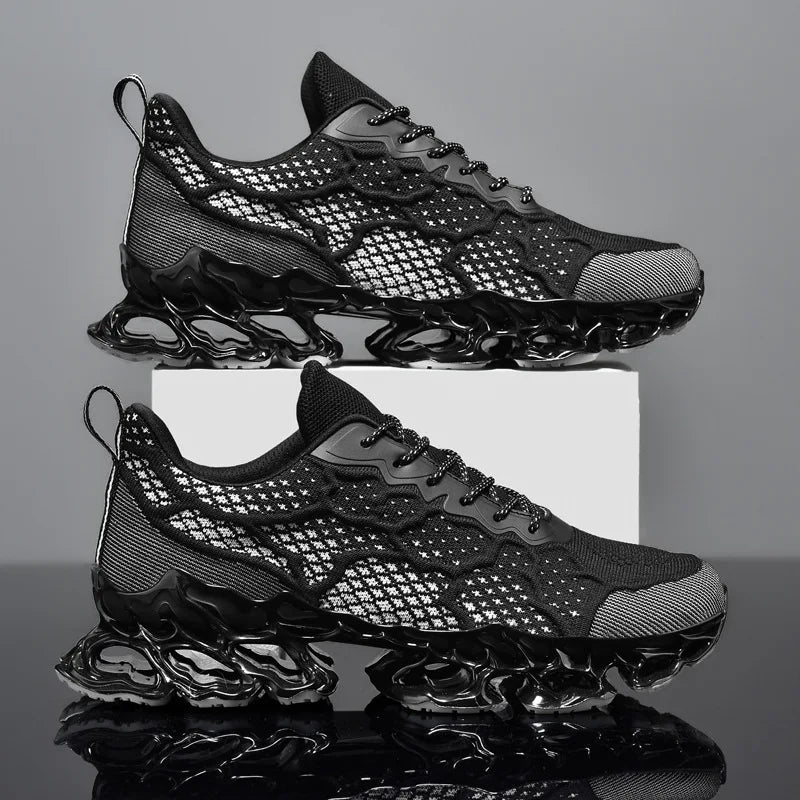 Men’s Breathable Running Sneakers in stylish orange color with lightweight mesh design and unique sole cushioning