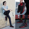 Men's Lightweight Running Sneakers in black being laced up, perfect for casual and sporty looks.