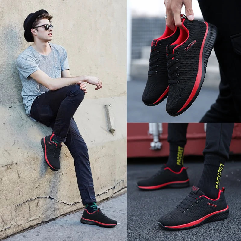 Men's Lightweight Running Sneakers in black being laced up, perfect for casual and sporty looks.