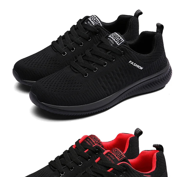 Men's Lightweight Running Sneakers in black being laced up, perfect for casual and sporty looks.