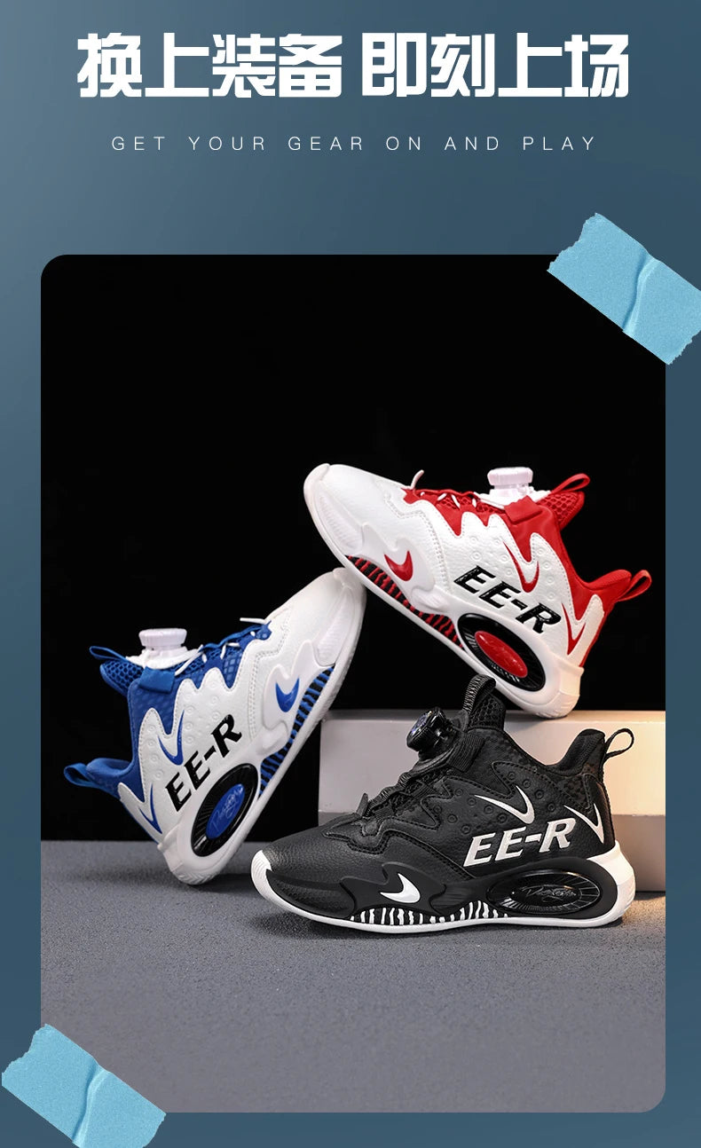  Kids High Top Basketball Sneakers in stylish red and white design, featuring ankle support for young athletes.